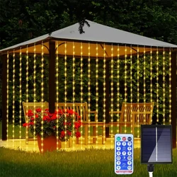 Solar Curtain Light 6X3M 600 LED Outdoor Solar Window Curtain Icicle Light With Remote for Patio Fence Wedding Wall Gazebo Decor