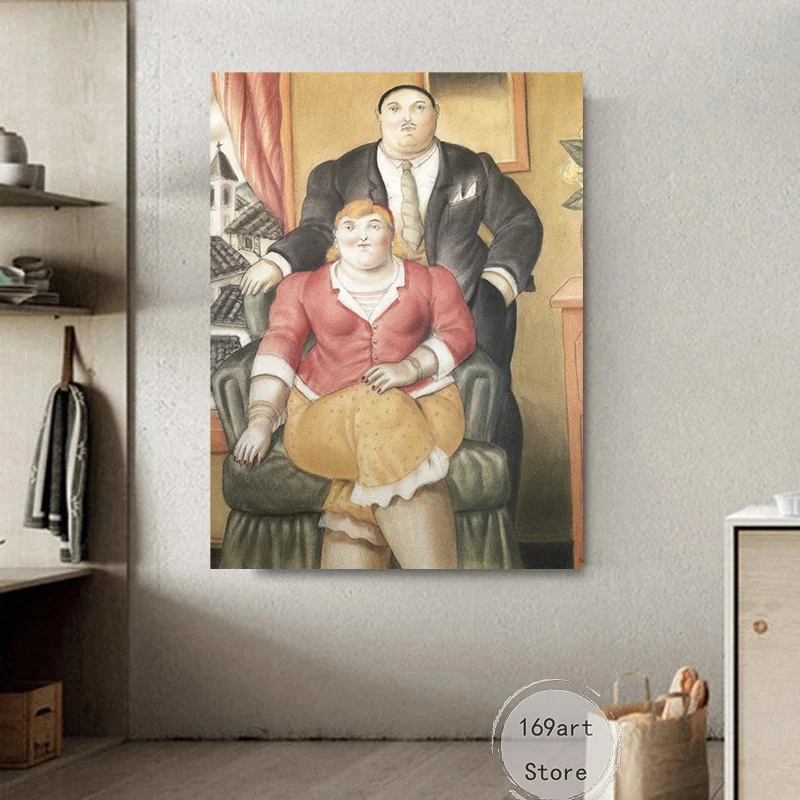 Funny Fernando Botero Woman and Man Portrait Drinking  Juice Art Posters Canvas Painting Wall Prints Picture for Room Home Decor