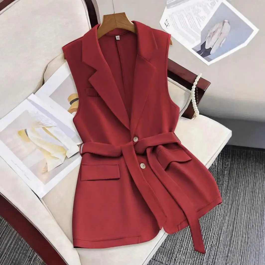 

Свободный женский жилет Верхняя одежда с поясом Briti Sle Костюм с воротником Длинная длина Цветная трансграничная модная одежда для поездок на работу