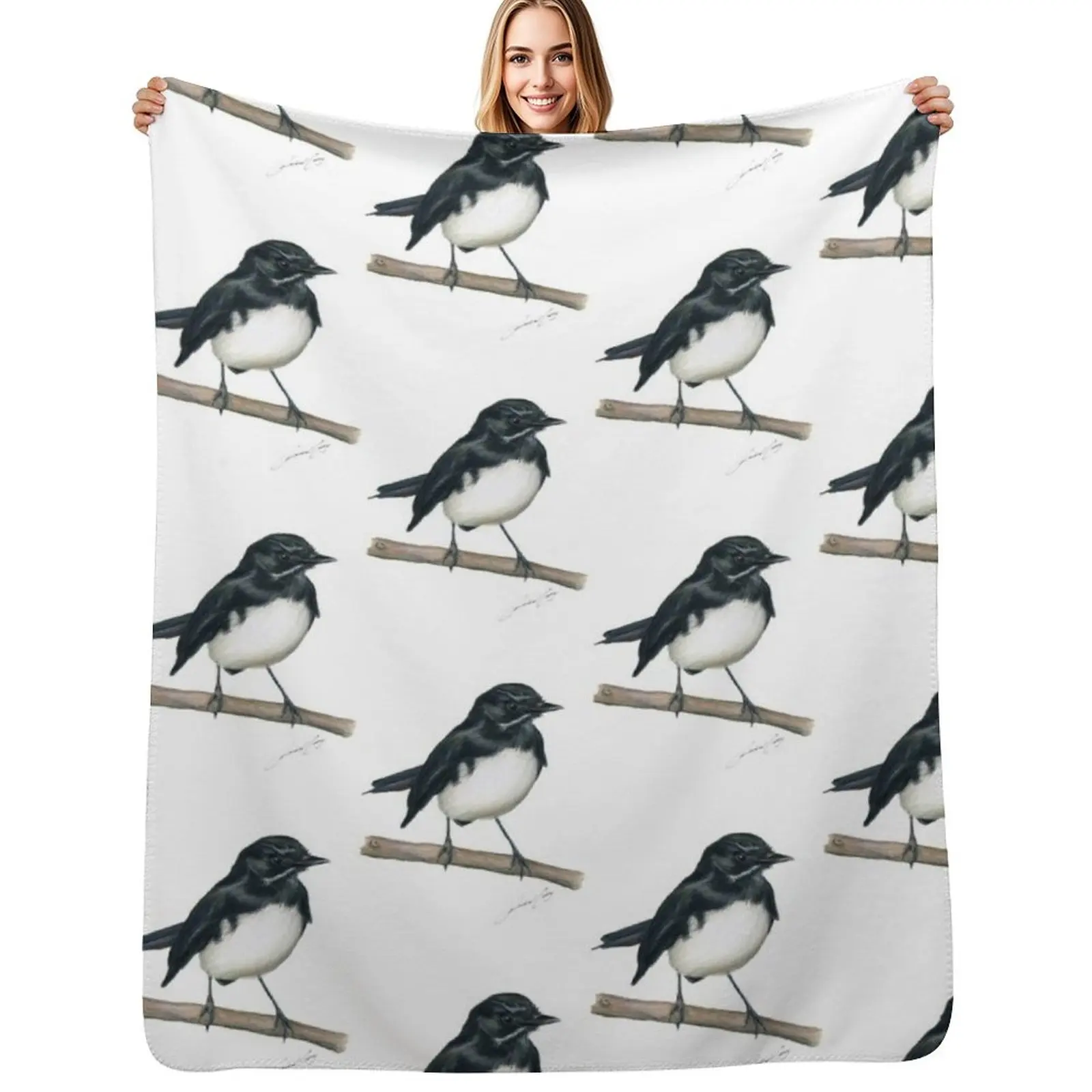

Willie Wagtail bird art with signature. Lovely little black and white bird gifts! Throw Blanket Quilt Sofas Blankets