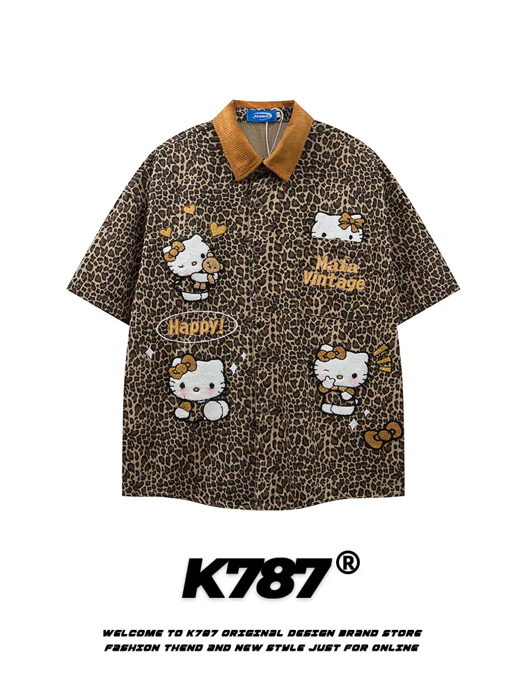 

K787 American Retro Leopard Print Ka ort Sve irt ex Vintage High Street Hiphop Couple Top Youth Summer Cotton