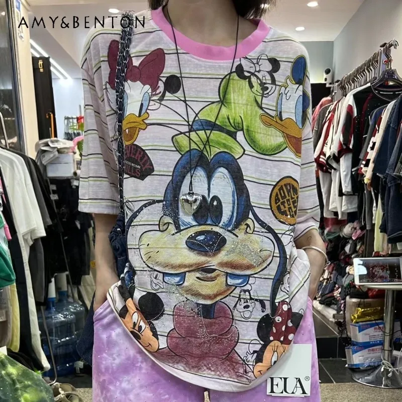 

Американская ретро-футболка с цветными блоками, полосками и стразами, с мультяшным принтом, с короткими рукавами, свободного кроя, стройнящая, универсальная, женская