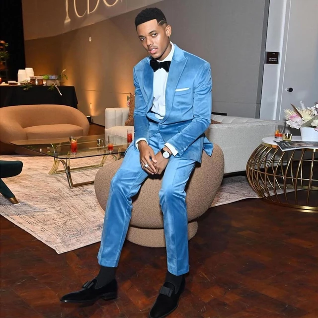 Abito da uomo Slim Fit azzurro cielo chiaro blazer con risvolto con visiera smoking maschili velluto da sposa sposo indossare 2 pezzi giacca e pantaloni da ballo AliExpress