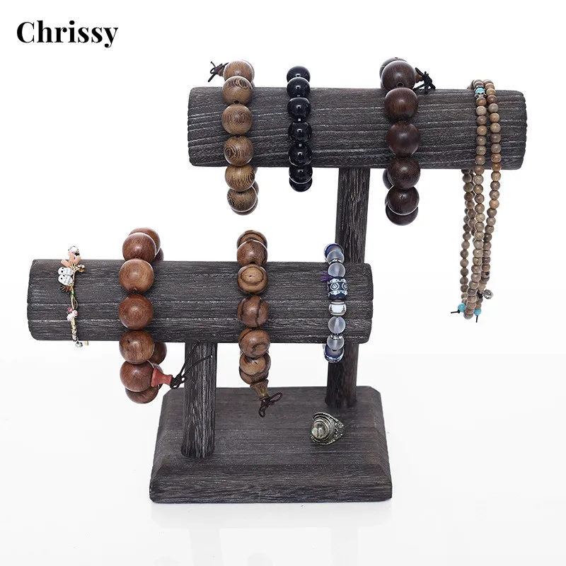 

2 Tier Wooden Jewelry Bracelet Watch Display Tower, Bangle Scrunchie Necklace Holder Storage Stand