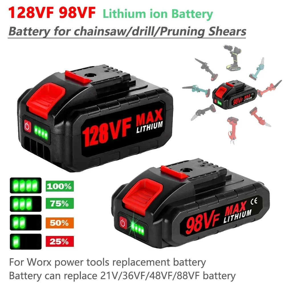 

21V 128VF 98VF Rechargeable Lithium Battery for Worx Chainsaw Reciprocating Saw Power Tools Replacement 36VF 48VF 88VF Battery