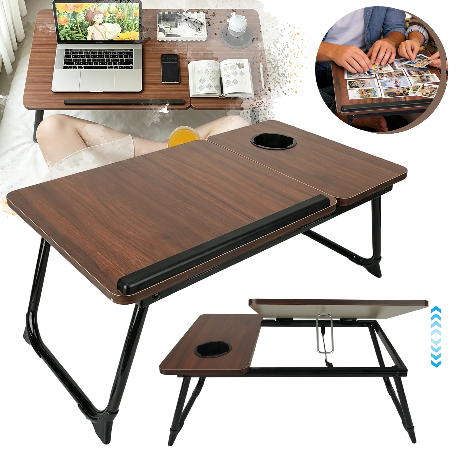 Table pliante réglable en hauteur à cinq positions avec porte-gobelet et barrières latérales ; dotée de pieds très résistants ; convient pour une utilisation sur les lits, les canapés, les sols et autres surfaces.