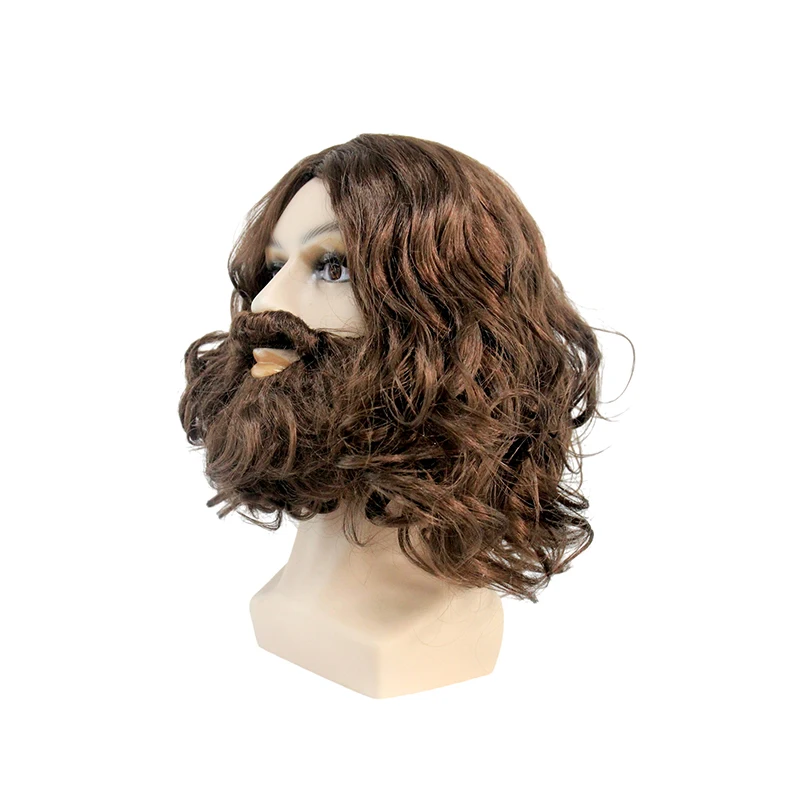 Braune gewellte synthetische Perücke mit Bart, Jesus-Stil-Haare für Cosplay, Halloween und Kostümpartys – Detail 2