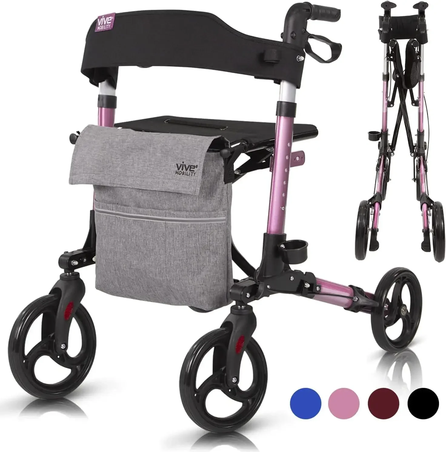 Folding 4 Wheel Medical Rolling Walker with Seat & Bag - Mobility Aid for Adult, Senior, Elderly