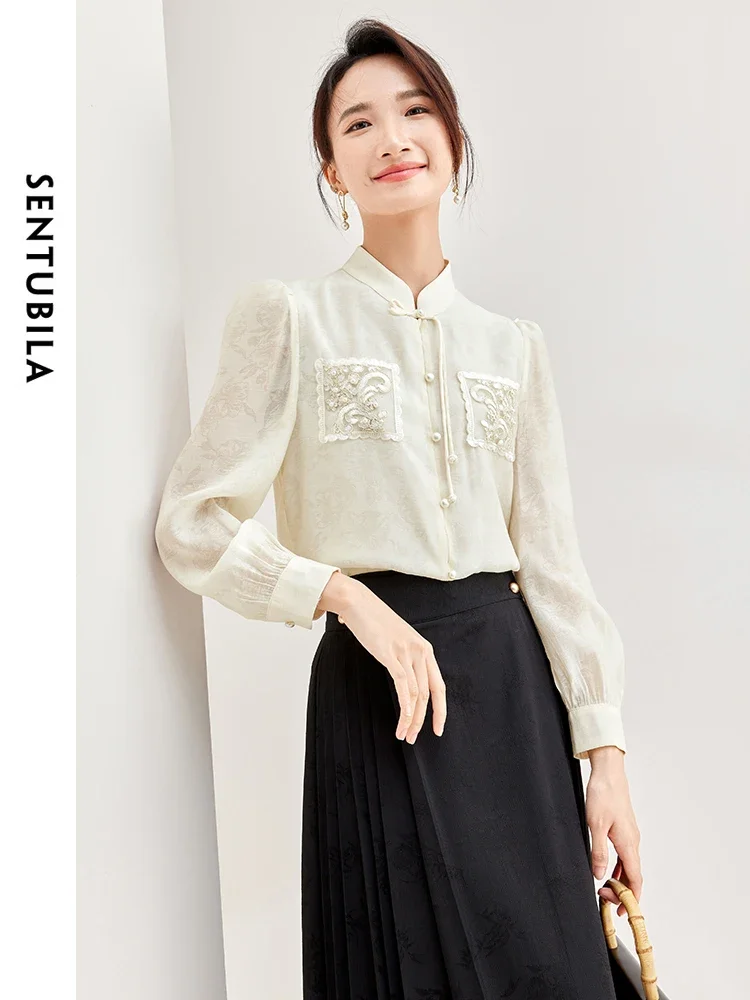 

SENTUBILA Chinese Style Elegant Spring Shirts & Blouse Women 2025 Fashion Stand Collar Long Sleeve Top Woman Clothing 133C51925