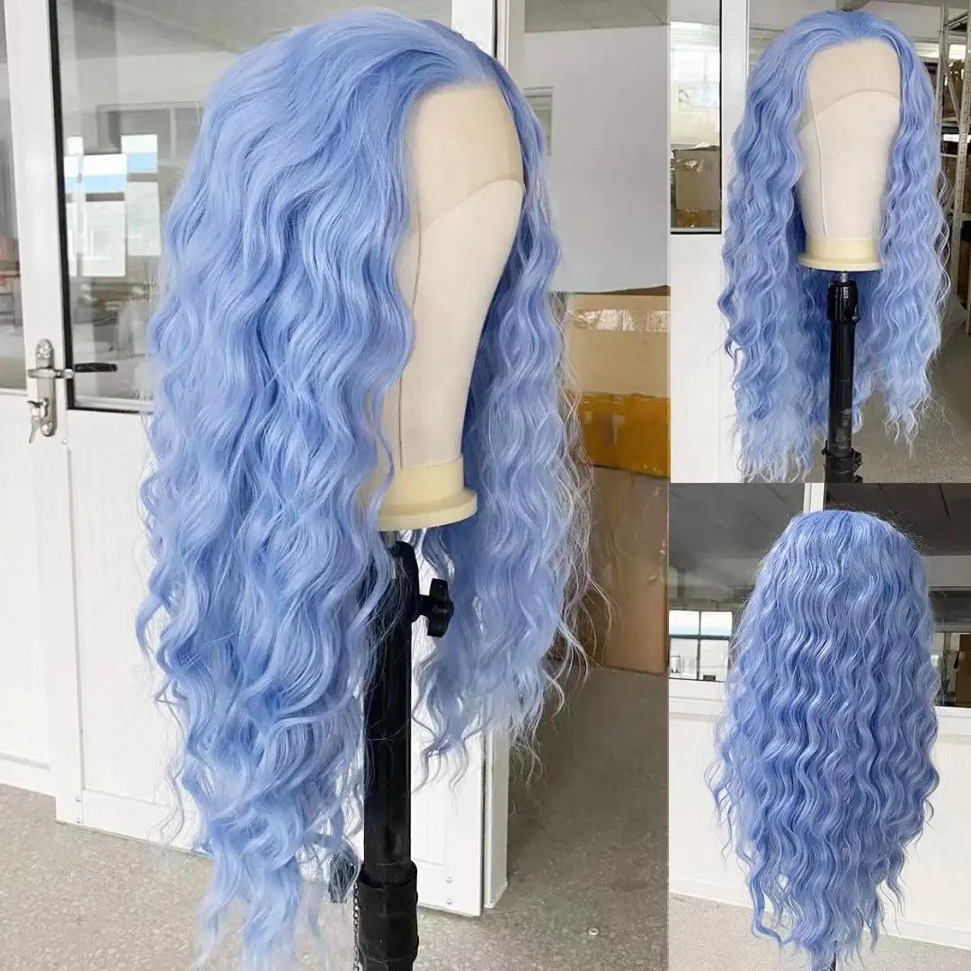 Wig biru renda sintetis Wig depan untuk wanita Wig gelombang dalam Wig oranye Wig renda depan Wig renda rambut sintetis Wig Cosplay harian