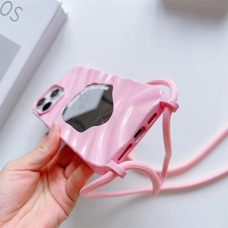 Silicone diagonal drawstring phone case for iPhone 15 14 12 13 11 Pro Max anti drop makeup mirror with drawstring phone cover