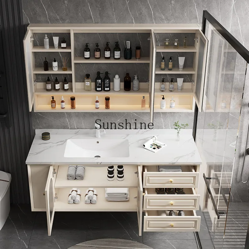 American rock slab seamless ceramic rubber wood bathroom cabinet combination smart bathroom