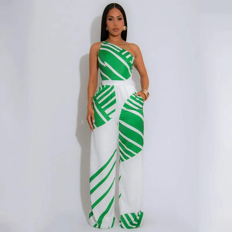 

KEXU 3D Printed Women One Shoulder Sleeveless Wide Leg Jumpsuit 2025 Fashion Summer Vacation Party One Piece Overall Romper