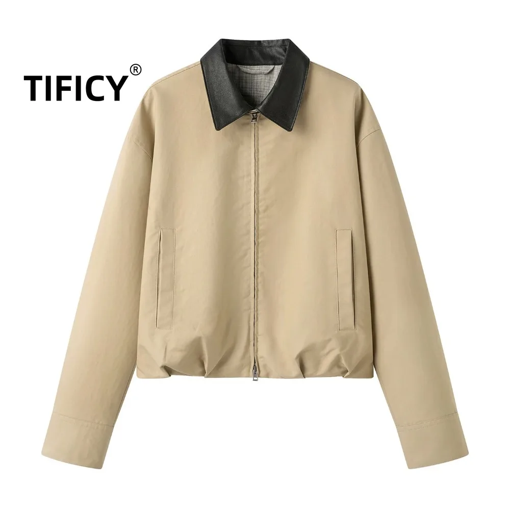 High Street Jackets Women's Autumn and Winter New Splicing Collar Short Streetwear Jacket Zipper Jacket Retro