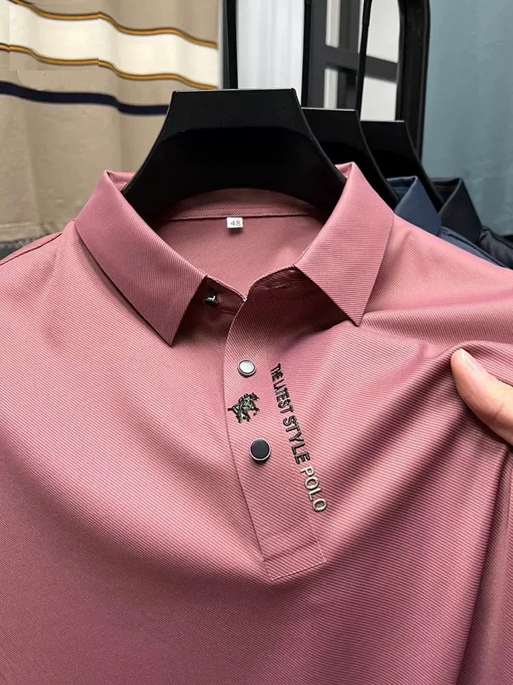 Camisa polo de manga curta masculina, colarinho de lapela, monocromática, high-end, empresarial, casual, trace printing, alta qualidade, verão, fashion, M-4XL