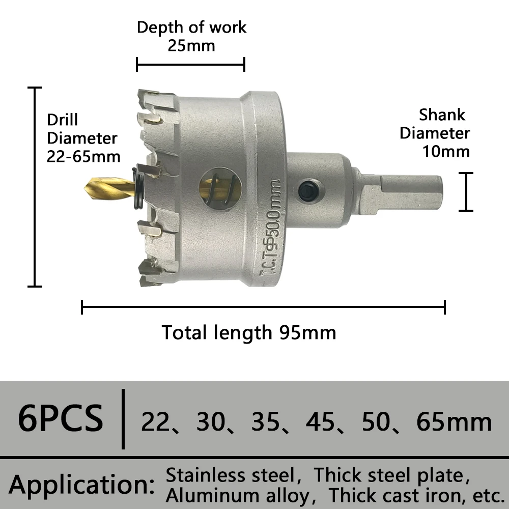 6pcs 22-65mm Drilling Crown For Stainless Steel TCT Hole Saw Set Tungsten Carbide Tipped Drill Bits For Metal Alloy iron