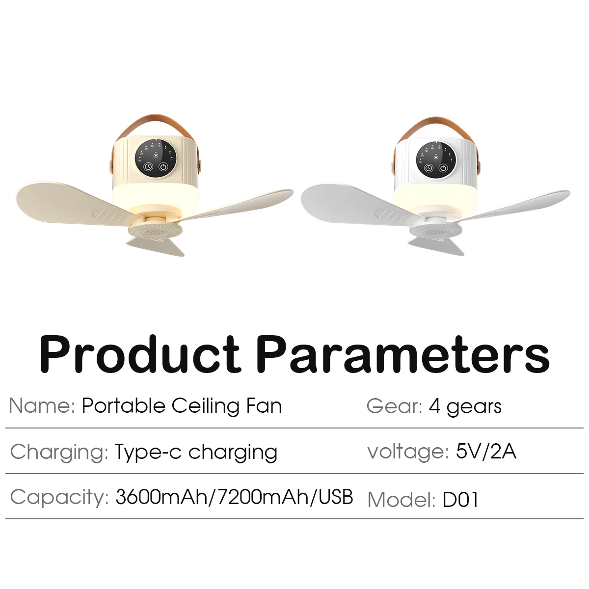 Wiederaufladbarer Hängeventilator, 3600 mAh, 4 Geschwindigkeitsstufen, 3 Lichtstufen, tragbarer USB-Deckenventilator für Zelt, Camping, Reisen – Detail 1