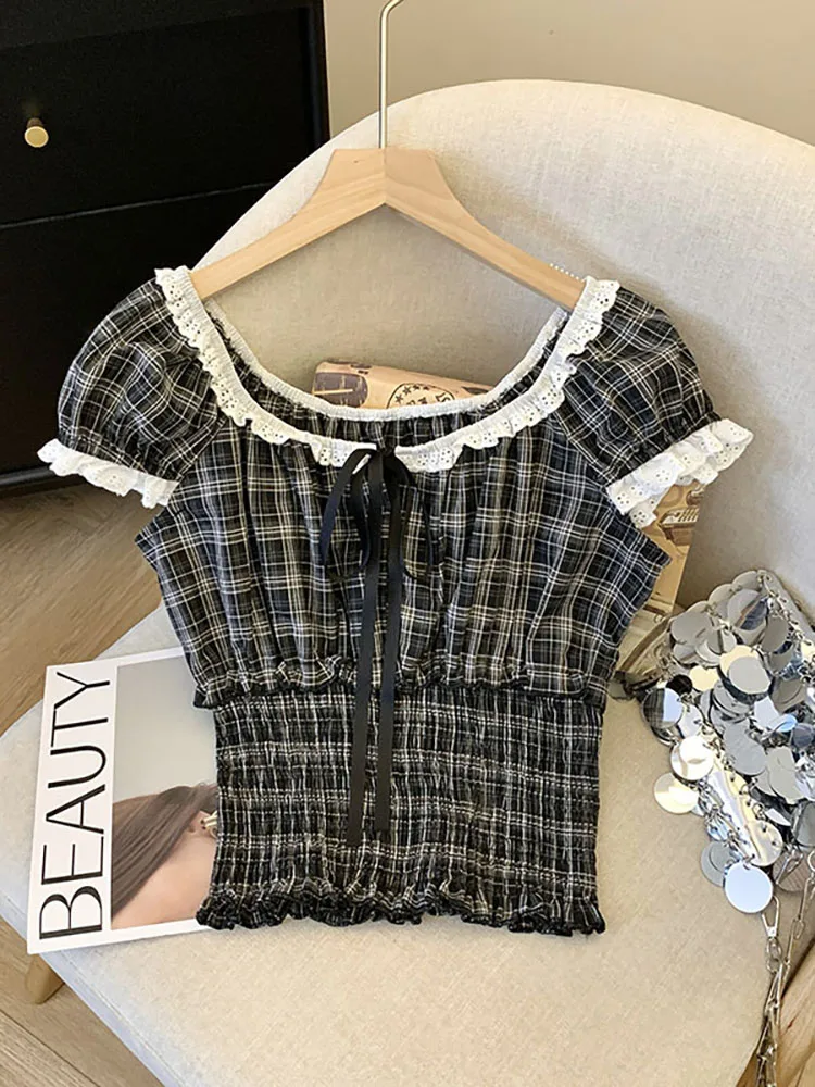 

Summer ort Sve irt Women's Retro Knot Tie Waist Lace Splicing Plaid Slim Fit Top Korean Sle Bubble Sve