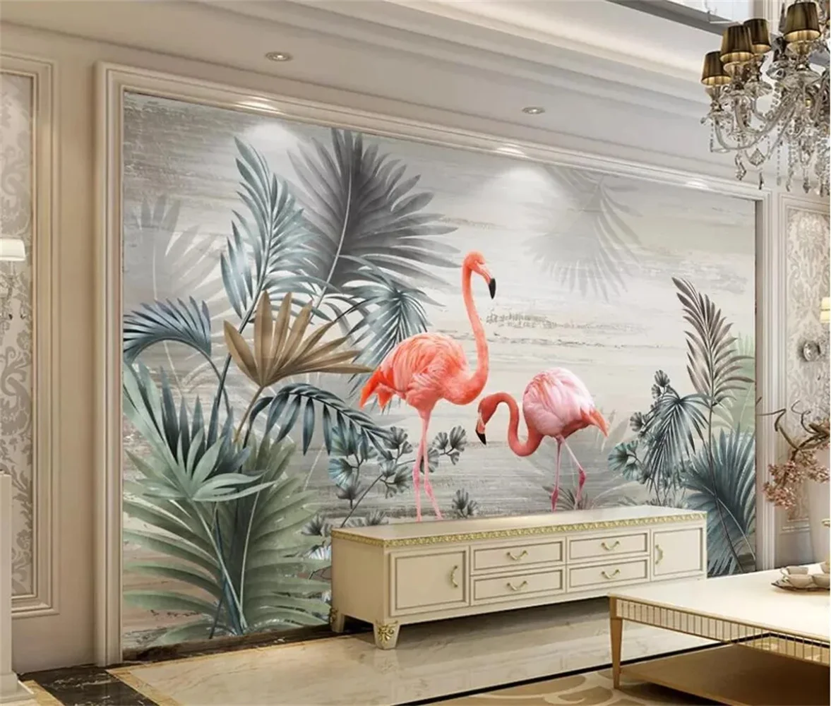 beibehang Custom Photo 3d Wallpaper Nordic Style Hand Painted Plants Flamingos Scandinavian Style Hand painted Flamingos