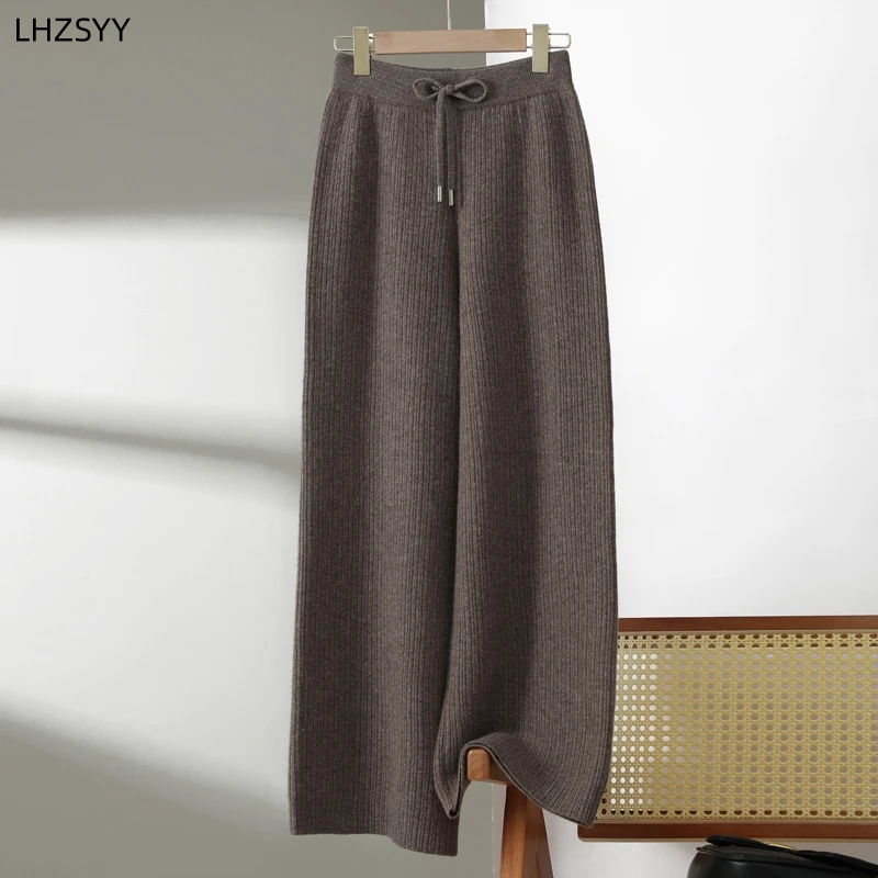 LHZSYY 100%Pure Cashmere Wide-Leg Pants Ladies New Pit Knitted Straight Pants Long Thick Casual Pants High Waist High-End Winter