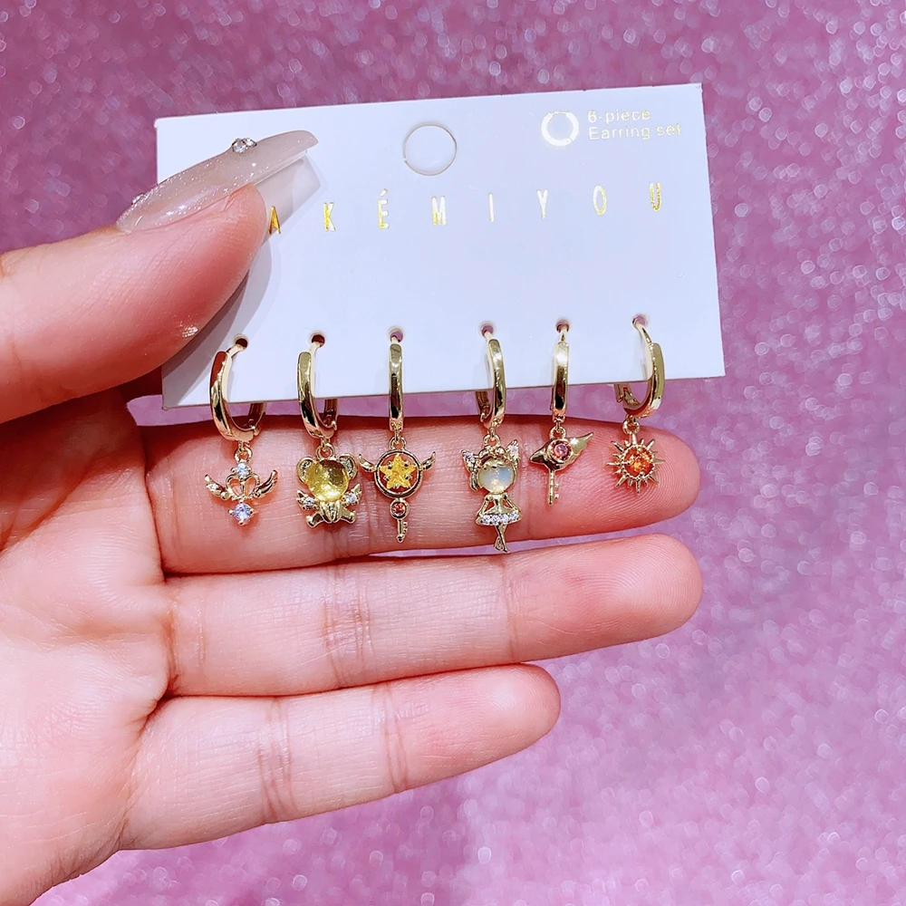 MIGGA 6pcs Mix Design Anime Cartoon Dangle Earrings Set Gold Color Cubic Zircon Women Girls Gift Jewelry