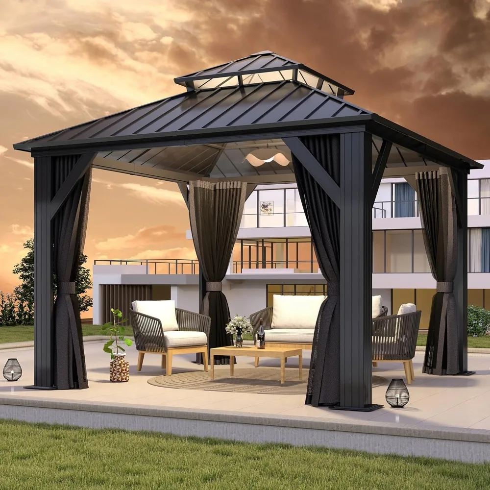 

Outdoor Hardtop Gazebo with Double Roof - Aluminum Heavy-Duty Galvanized Steel Top Gazebo with Netting & Curtain