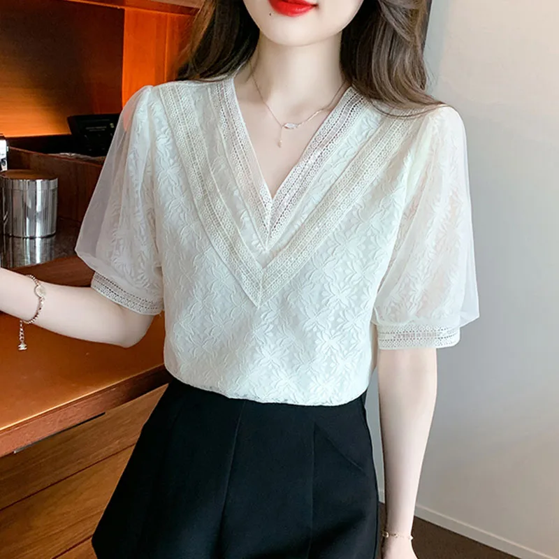 Fashion Summer V-Neck Apricot Lace Blouse Women Tops Blusas Mujer De Moda 2024 Verano Blusa Short Sleeve Women Blouse Shirt H572