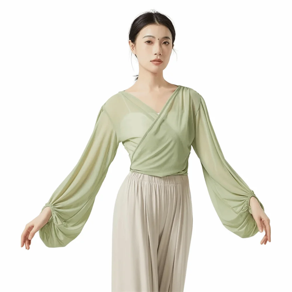 

Mesh Design Dance Top Soft Fabric V-Neck Chinese Folk Dance Top Lantern Sleeve Waist Tie Ballet Training Top Dance Training