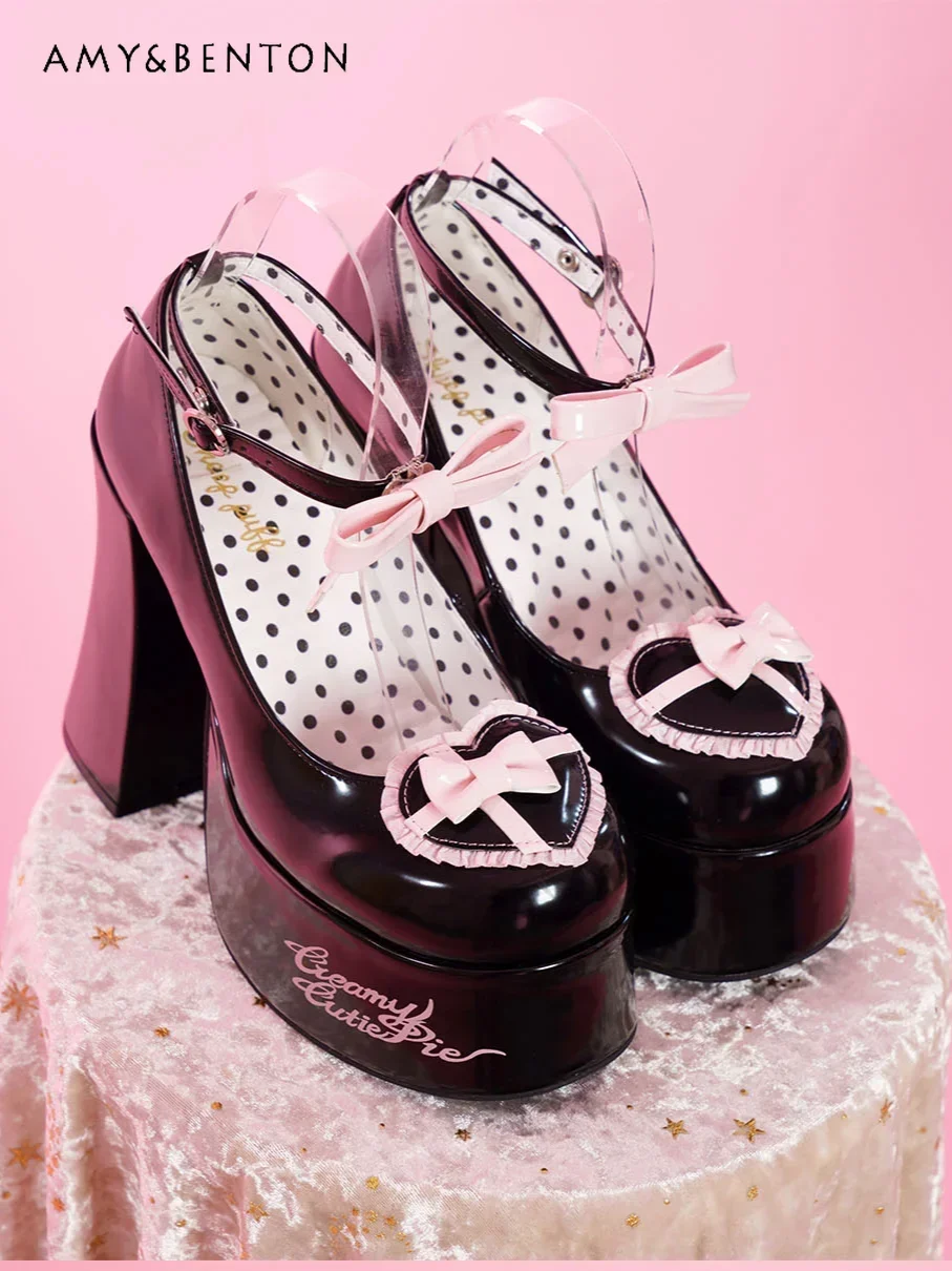 Sweet Lolita Waterproof Temperament Princess Platform Heels Sweet Bow Round Head Buckle High Heels Kawaii Student Leather Shoes