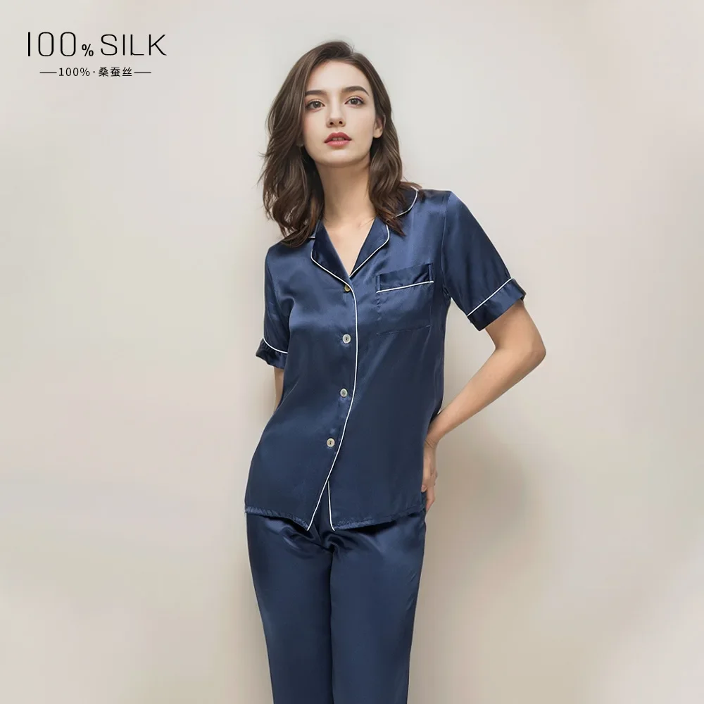 100% Mulberry Silk Short Sleeve Button-Up Top with Matching Pants Women's Pajama Set Summer Thin Nightwear Sleepwear Loungewear
