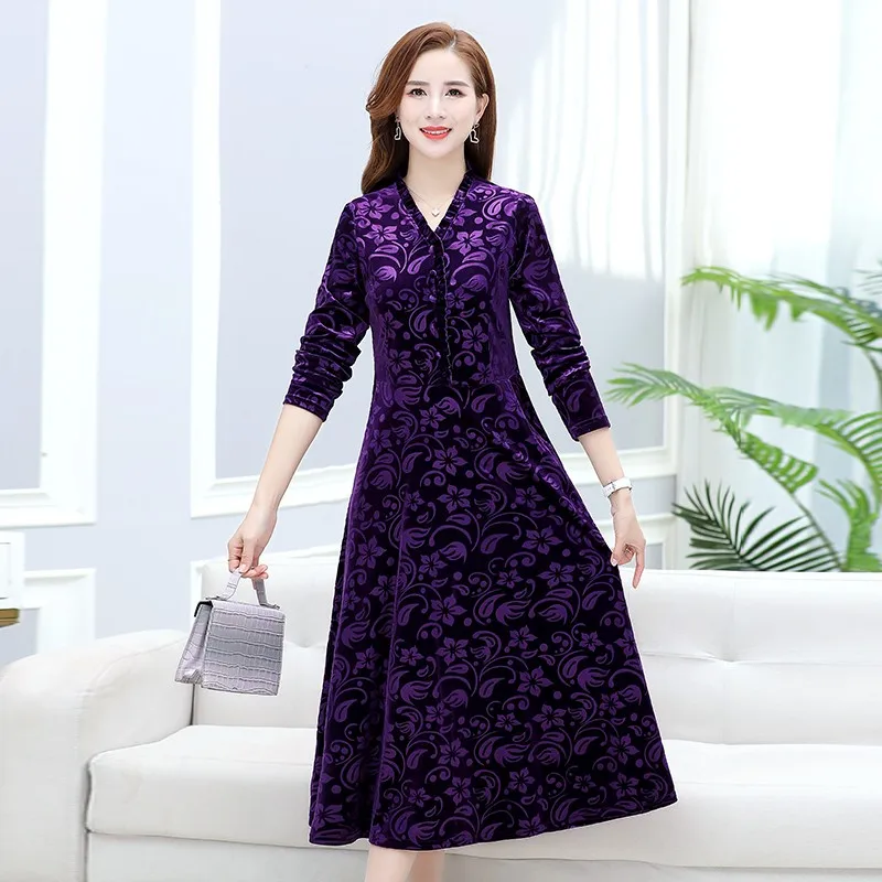 الرجعية النقش المخملية فستان طويل مكتب المرأة سيدة أنيقة طويلة الأكمام الخامس الرقبة الفطر فساتين خمر ألف خط ماكسي Vestidos Muje #6