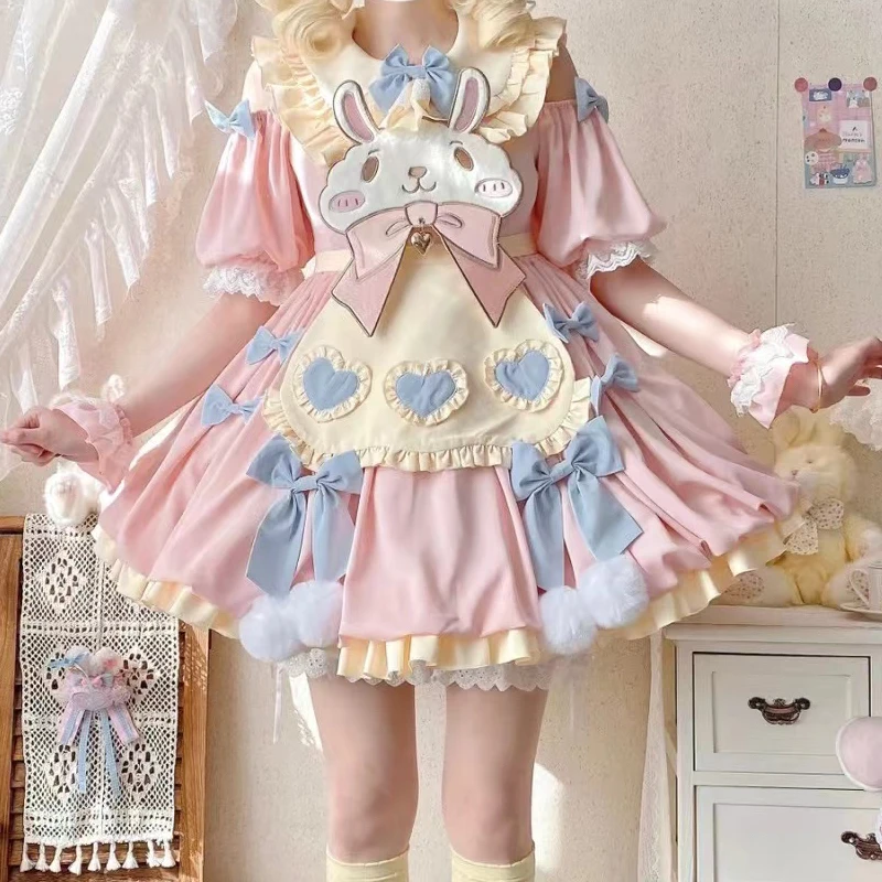 

Victorian Gothic Lolita OP Dress Japanese Style Sweet Cartoon Bunny Bow Evening Party Dresses Women Y2k Punk Princess Mini Dress