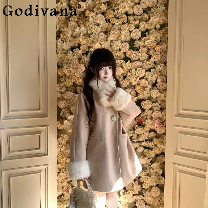 

Winter Warm Pink Woolen Coat Women's Japanese Style Sweet Slimming Jacket Female High Street Princess Loose Wool Coats