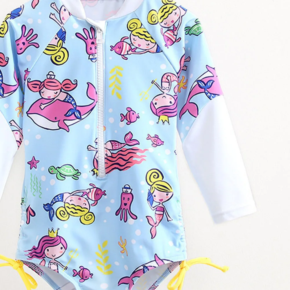 Girls Long Sleeve Cartoon Swimwear and Bathing Cap Summer Beach Bathing Suit two Piece Swimsuit Swimming Costumes for Children