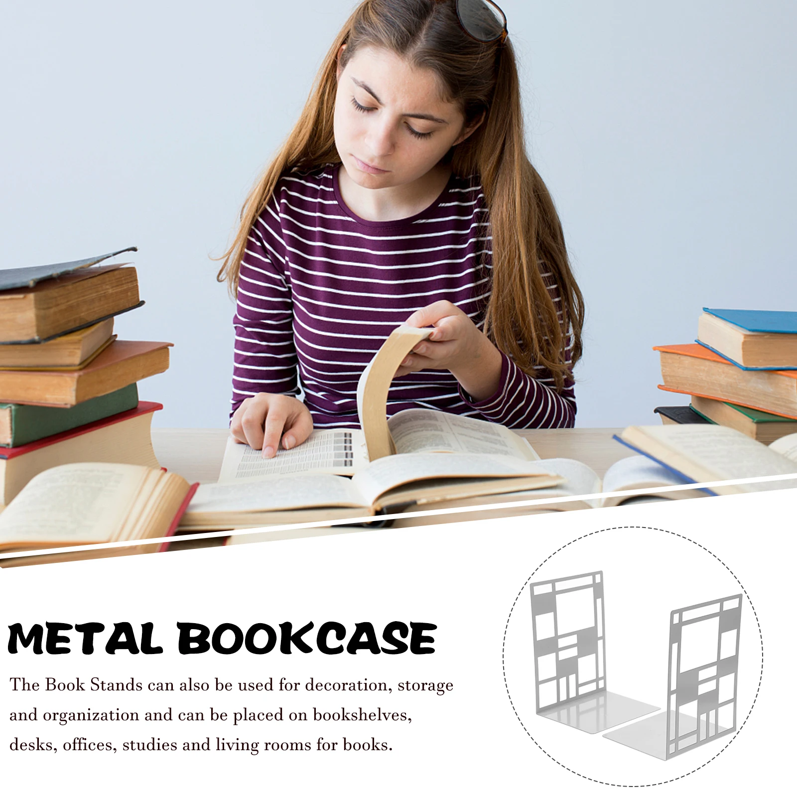 

Iron Bookends Set of 2 Desktop Book Stand Metal Crafted Holders Non Slip Pads Elegant Design Study Office Living Room