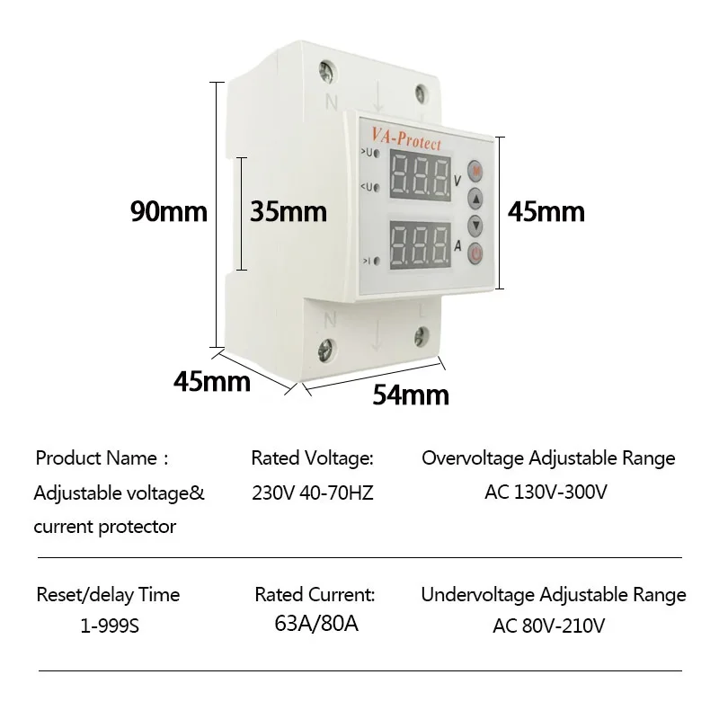 80A Adjustable Digital Dual Reclosing Over and Under Voltage Protector Device Over Load Current Limit Protection Surge Protector