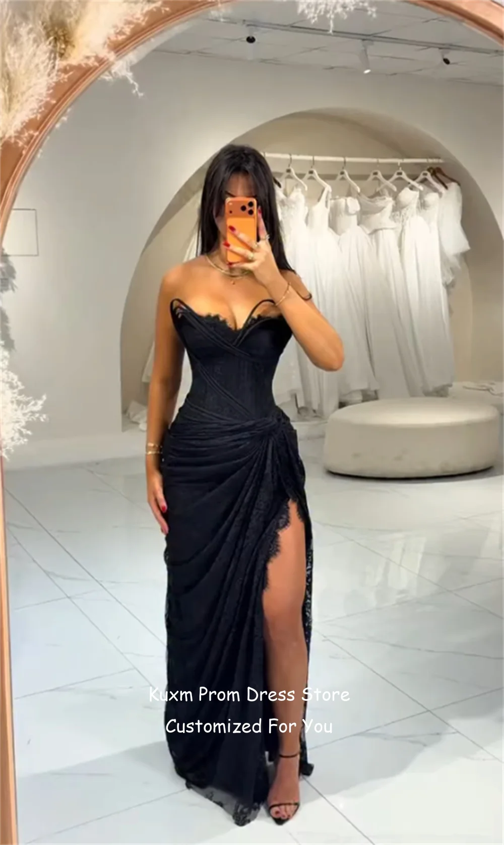 Robes de soirée Kuxm en dentelle noire, fendues, sans manches, style cœur, longues, dos nu, pour bal de promo, tenue de fête personnalisée