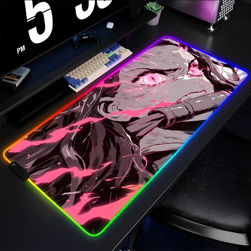

RGB Mouse Pad Gamer Decoracion Gamer LED Desk Mat Demon Slayer Nezuko Pink Mousepad Gaming Accessories Varmilo Cute Keyboard Pad