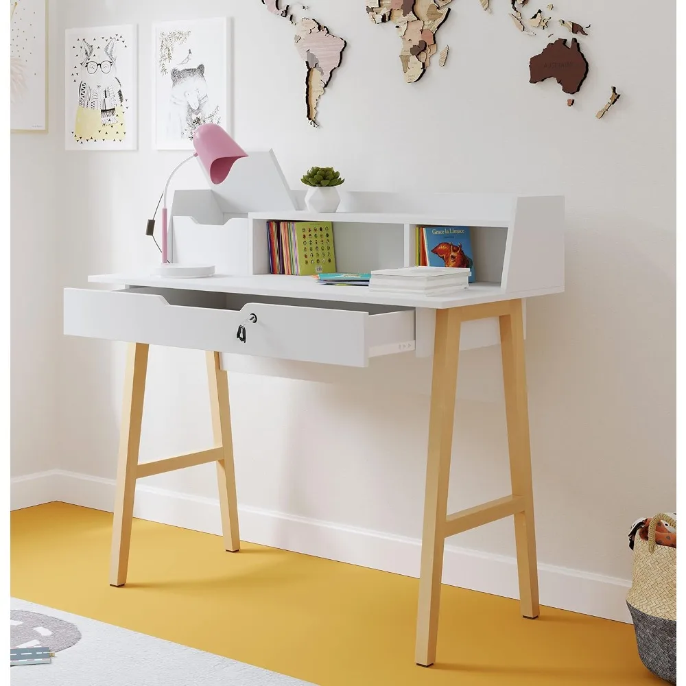

Modern Design Roma Small Desk for Bedroom, 40 inch White Writing Desk with Hutch and Locking Drawer, by Crafts and Comfort