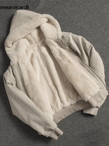Imagen 2 del producto Mauroicardi Otoño Invierno corto grueso cálido de gran tamaño de lona lavada chaqueta acolchada con piel sintética interior suelta Casual Sudadera con capucha