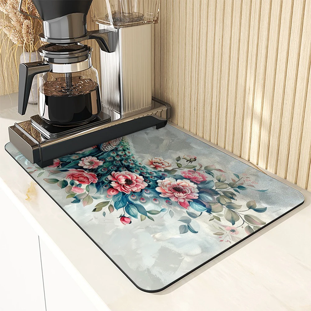 Diatom Mud Kitchen Drain Pads Peacock Flowers Absorbent Bowls   Tableware Draining Mat Placemats for Table Coffee Machine Mat