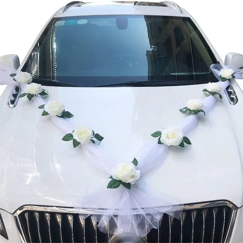 Witte Roos Kunstbloem voor Bruiloft Auto Decoratie Bruidsauto Decoraties Deurgreep Linten Zijden Bloem
