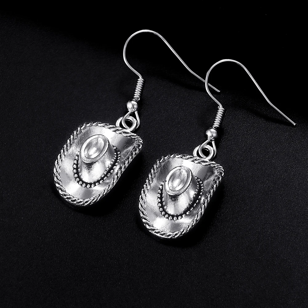 Trendy Vintage Cowboy Hat Shape Dangle  Antique Silver Plated Earrings for Women and Man Retro Cute Punk Drop Earrings Jewelry