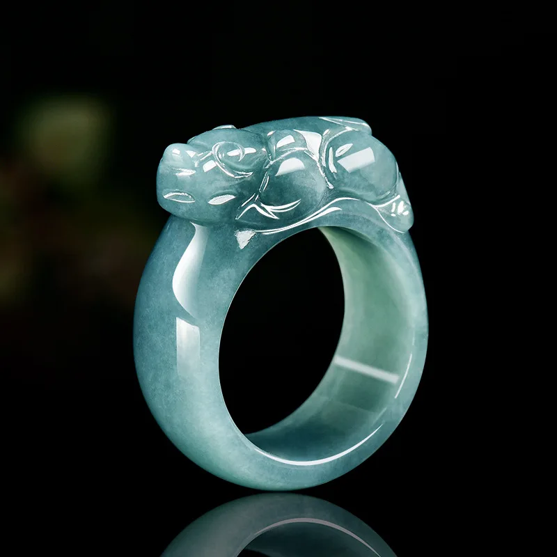 Real Natural Ice Seed Blue Water Jade Pixiu 17-22mm Ring Carved Charm Jadeite Jewelry Fashion Amulet Gifts for Men Women