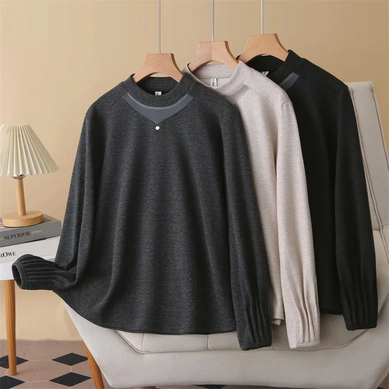 Xxxl moda plus size mulher roupas camiseta inverno malha retalhos colarinho velo quente dobrar punhos manga comprida base topos 895