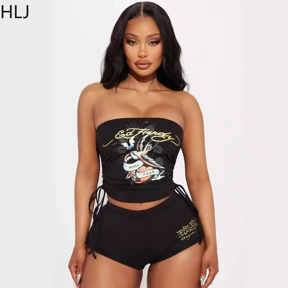 

HLJ Fashion Y2K Graffiti Print Tube Two Piece Sets Women Off Shoulder Sleeveless Backless Crop Top And Shorts Outfits Streetwear