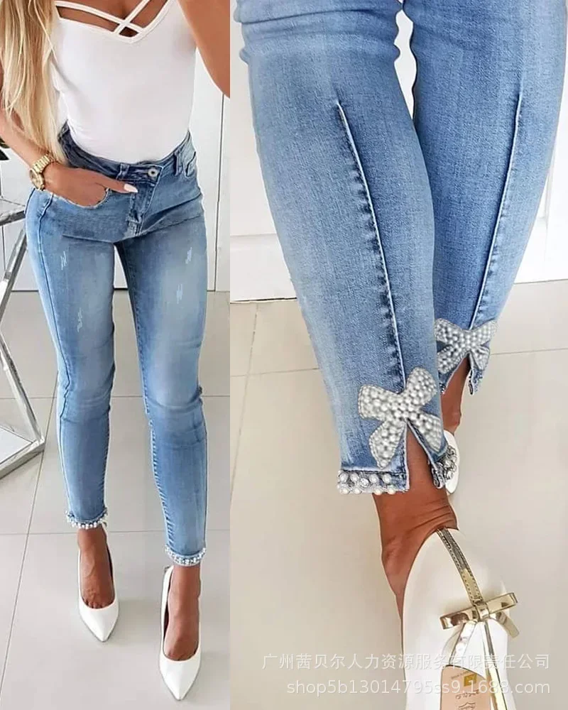 Jeans Autumn 2025 Women Beaded Slit Bowknot Decor Pearl Bow Casual Loose Splice Sheath Long Pants Slim Mom Denim Pencil Trousers