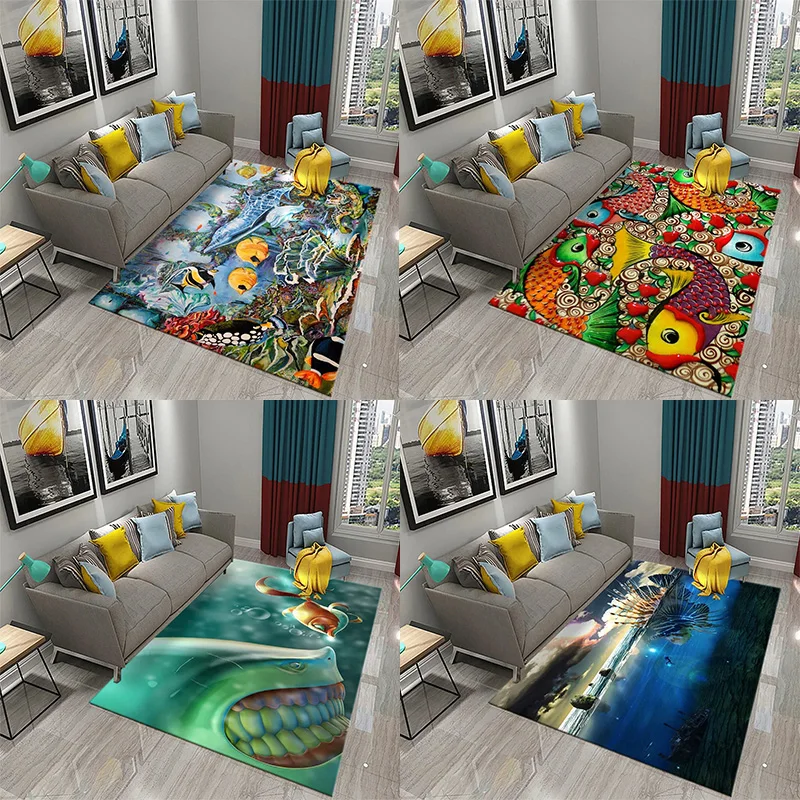 

3D Colorful Oil Painting Fish Rug For Bedroom Living Room Kids Crawling, Kitchen Bathroom Non-Slip