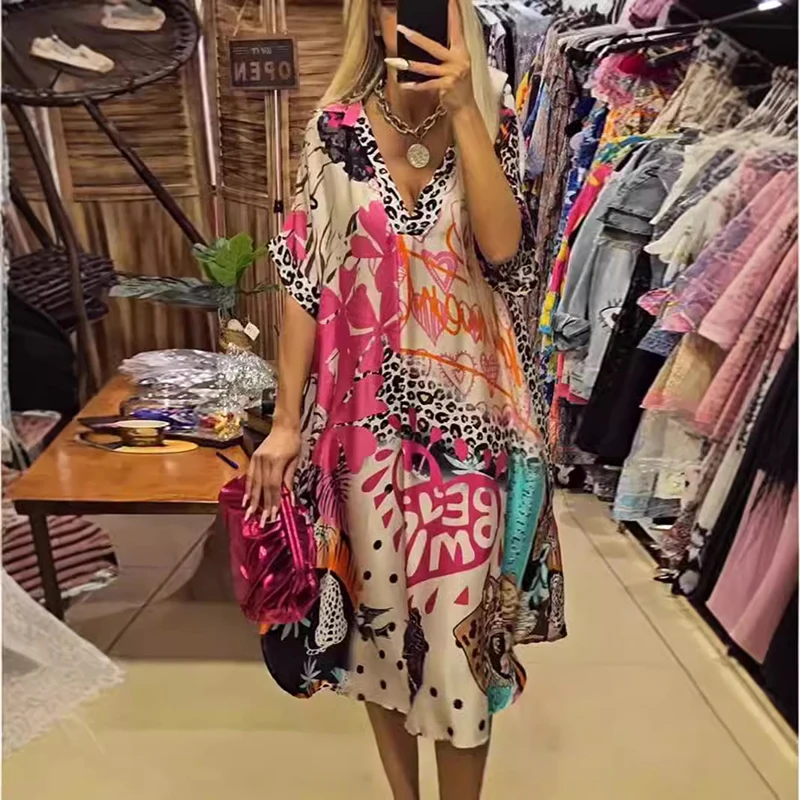 Women Sexy Deep V-neck Long Dress Fashion Hight Waist Half Sleeve Draped Party Dress Vintage Leopard Print Loose Pullover Dress