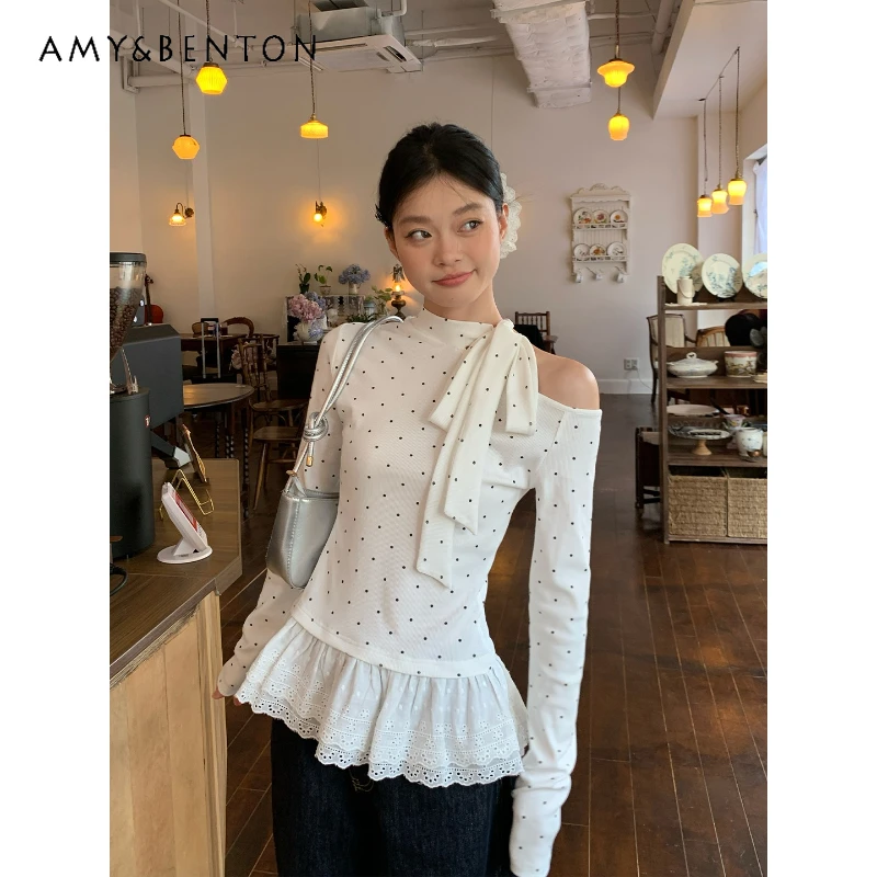 

French White Polka Dot Bow Strap Inner Wear Women's T-Shirt Autumn New Lace Trim Slimming Design Long Sleeve Top T-Shirts Ladies